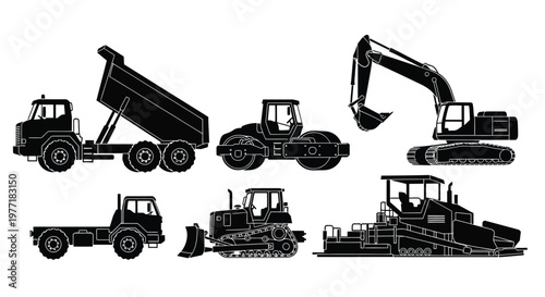 Construction machinery silhouettes dump truck roller excavator and other vehicles