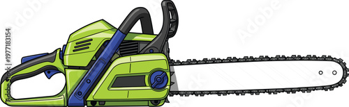 Cartoon Green Chainsaw, Electric Power Tool for Tree Cutting and Woodworking Illustration