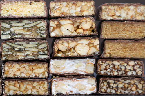 Group of assorted chocolate candy bars.