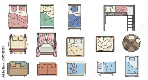 Collection of various beds and bedroom furniture illustrations.