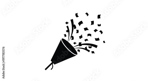 A black silhouette of a party popper expelling confetti into the air