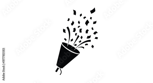 A black silhouette of a party horn shooting confetti into the air