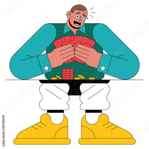 Stressed man holding playing cards at gambling table with poker chips and sweating vector.