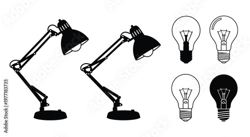 Black and white illustration of lamps and lightbulbs in various styles