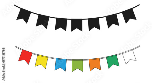 Two strings of colorful and black pennant banners displayed on a white background