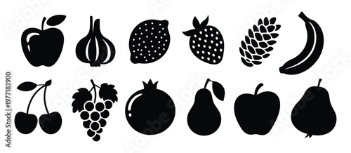 Black fruit and berry silhouettes in geometric flat style with scrapbook collage abstract shapes, modern organic composition and creative vector illustration for design projects