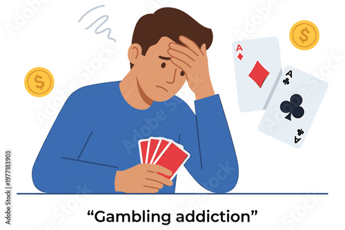 Upset man holding playing cards suffering from gambling addiction and financial distress.