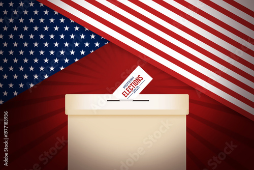 Voting ballot being cast in a box against a backdrop of American flag for 2026 midterm elections.jpg