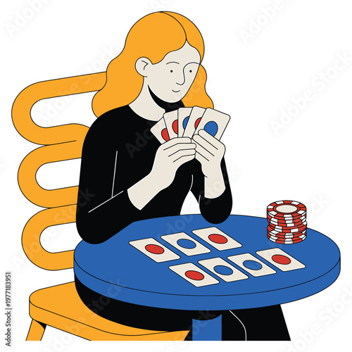 Woman playing card game at table with poker chips and colorful decks flat vector artwork.