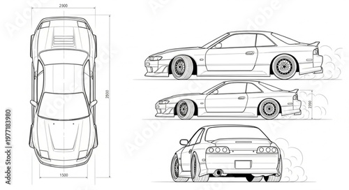 Detailed Automotive Design Sketches of a Sports Car.
