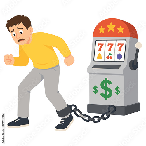 Young man chained to slot machine symbolising gambling addiction and financial trap vector.