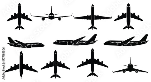 Black silhouette illustrations of various commercial passenger airplanes in flight