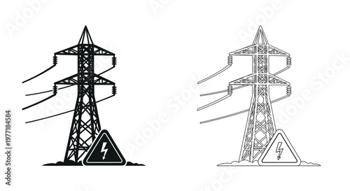 Black and white illustration of power lines pylons and a warning sign
