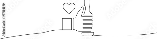 A minimalist line drawing of a hand giving a thumbs up with a heart and bottle nearby