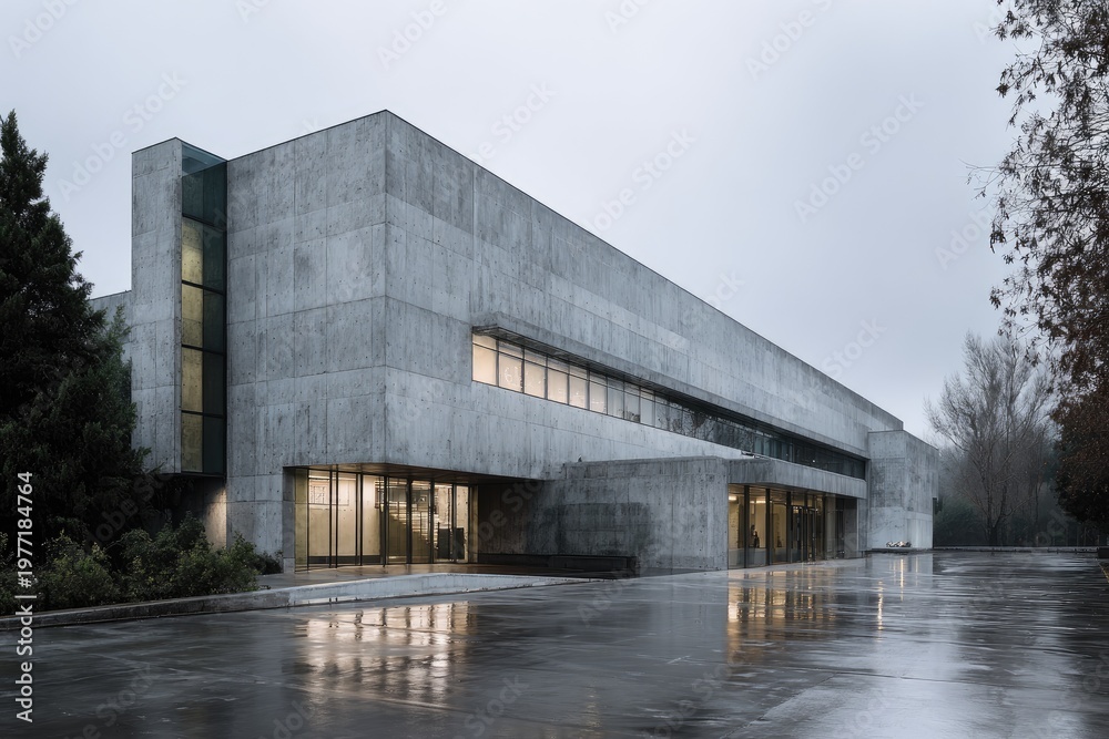 Fototapeta premium Modern architectural facade of a concrete building on a wet day. Exterior, overcast