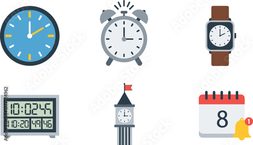 Time and Clock Icons Set Featuring Wall Clock Alarm Clock Wristwatch Digital Display Tower Clock and Calendar Reminder Vector Illustration