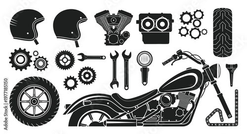 Motorcycle parts and components in a black and white illustration