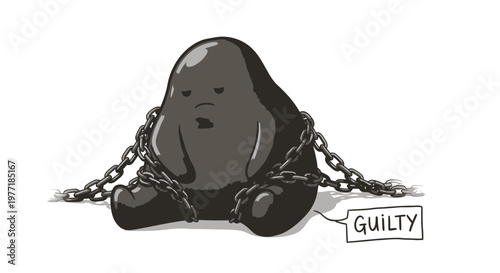 Guilty, chained bear, cartoon illustration, black and white