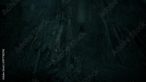 dark cliffside with hidden tomb entrance, moonlit ravine and jagged rock face, ancient triangular doorway carved into mountain wall, silent mosscovered steps