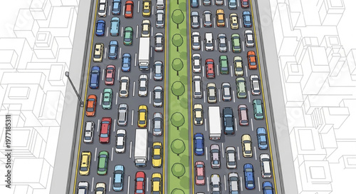 Heavy traffic jam on a multi-lane highway during rush hour.