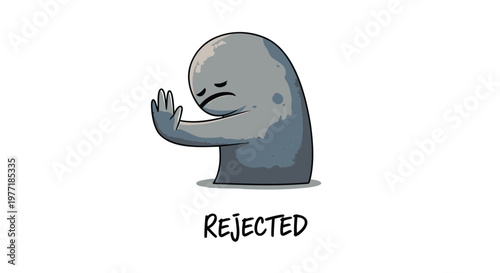 Rejected emoticon, grey cartoon character, waving hand, refusal symbol, emoticon face