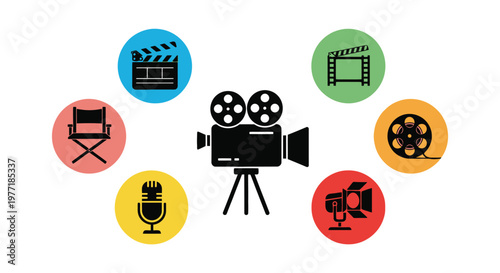 Film industry icons camera clapperboard chair and microphone symbols displayed