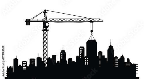 Black silhouette of a construction crane over a city skyline