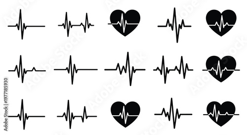 Black and white electrocardiogram and heart beat line icons set