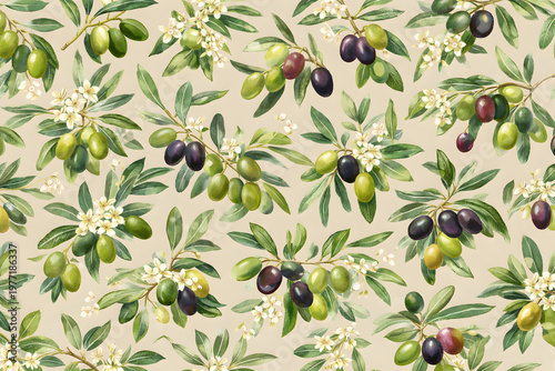 オリーブの実と葉の水彩シームレスパターン