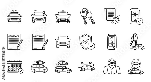 Stylized car rental thin line icon set vector EPS10 isolated on white