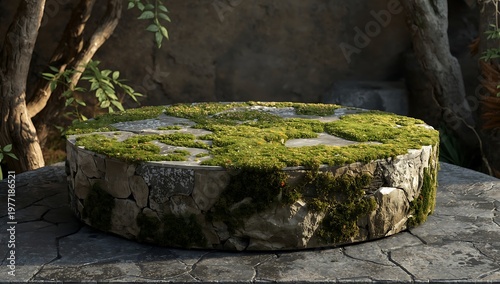 Moss covered stone podium with intricate texture in a serene outdoor setting with natural lighting