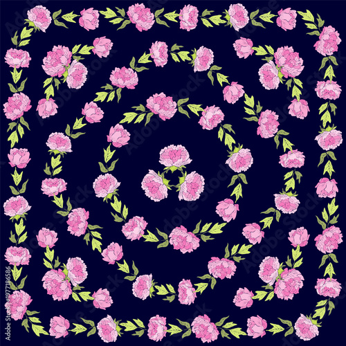 Square floral pattern with pink flower garlands on a dark blue background. Vector illustration.
