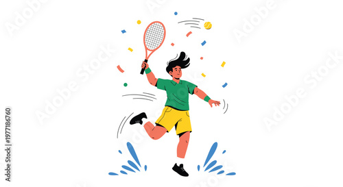 Tennis player, cartoon illustration, jumping athlete, sports icon