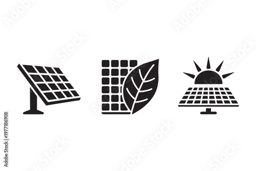 A set of three black representing solar energy, including a solar panel, leaf, and sun