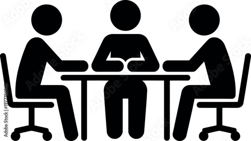 Three individuals engaged in a discussion around a rectangular table
