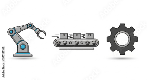 Industrial automation robot arm conveyor belt and gear icon.