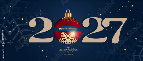 A horizontal banner for New Year and Christmas celebrations. The 2027 New Year s card features a dark background, a beige logo, and a Christmas ball. The background features New Year s numbers.