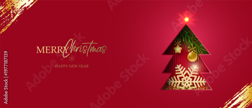 A festive banner with the words Merry Christmas and Happy New Year and a decorated Christmas tree with ornaments. Illustrations for greeting cards, website banners, and social media. Vector.