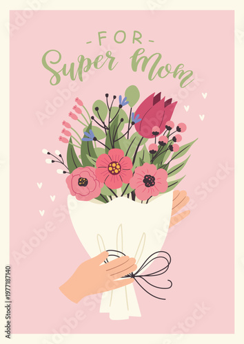 Cute Mother's Day card with a bouquet of flowers. Postcard for Mother's Day, motherhood and childcare.