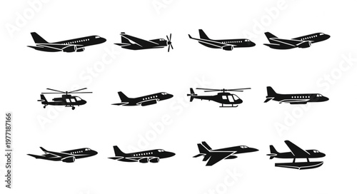 Collection of various aircraft silhouettes including airplanes and helicopters.