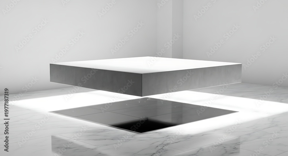 Fototapeta premium Minimalist square floating podium on marble floor in bright white architectural space with geometric shadows.