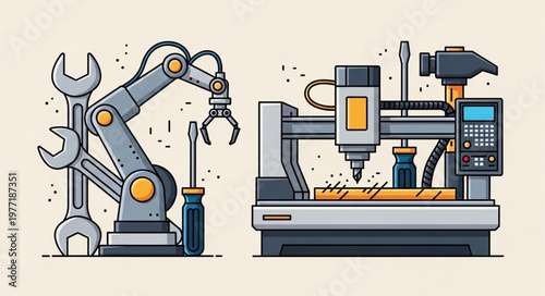 Industrial robot arm and CNC machine with tools.