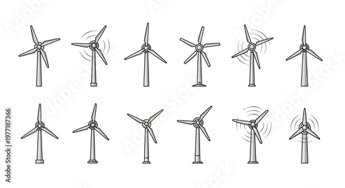 Illustration depicting various wind turbine designs for renewable energy and sustainable resources