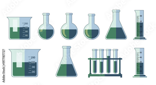Illustration of scientific laboratory glassware for experiments and chemical research