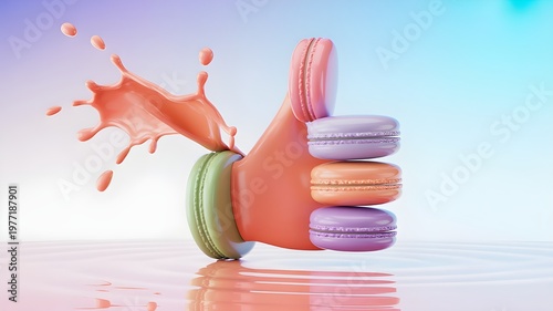Vibrant neon effect glowing thumbs up colorful macaron stack with dynamic splash art