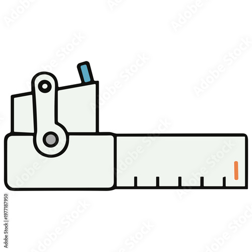 An illustration shows a mechanical device with a ruler and blue tool.