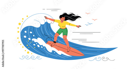 Surfing woman, vector illustration, beach lifestyle, summer sports