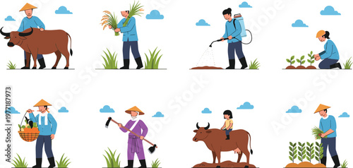 Traditional Asian Farmers Vector Set Featuring Rice Harvesting, Water Buffalo, Plowing, and Rural Agricultural Life Scenes for Cultural and Farming Industry Designs