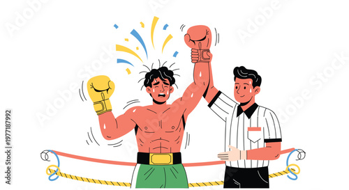 Boxer, victorious fighter, winning champion, sports illustration, boxing match