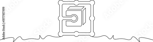 A minimalist line drawing of a stylized maze with a 3D cube in the center on a white background